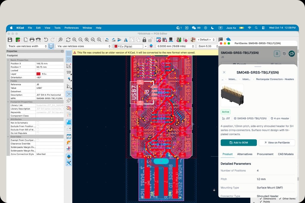 PartGenie KiCad plugin showing Product tab for SM04B-SRSS-TB: parameters, Add to BOM, View on PartGenie