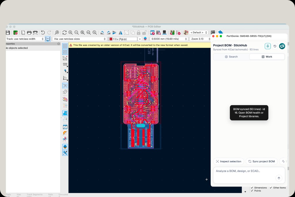 PartGenie Work in KiCad: Project BOM StickHub synced 93 lines, Inspect selection and Sync project BOM
