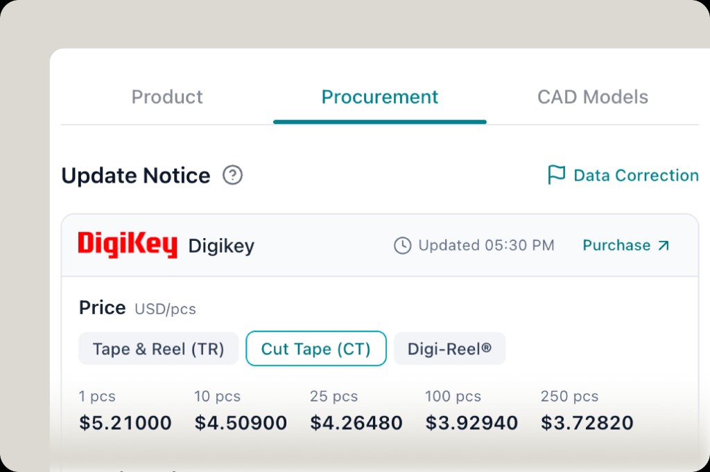 Procurement panel for DigiKey with live price tiers and a Purchase link to jump to the distributor site