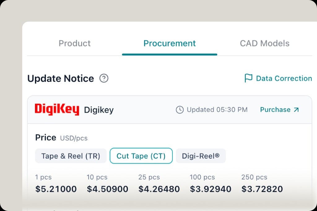 Procurement panel for DigiKey with live price tiers and a Purchase link to jump to the distributor site