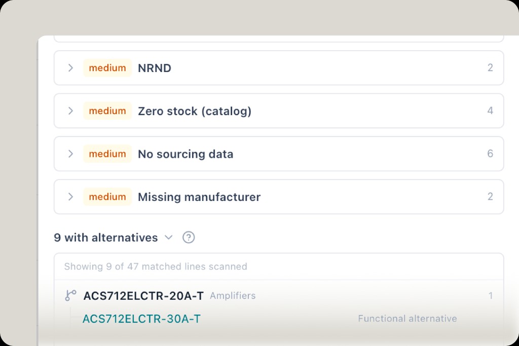 BOM risk breakdown showing NRND, zero stock, no sourcing data and missing manufacturer, plus 9 lines with functional alternatives