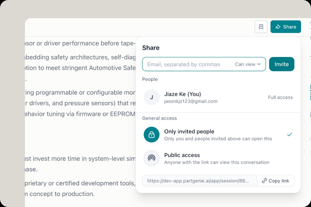 Share dialog with email invite, Can view permission, Only invited people access, and Copy link