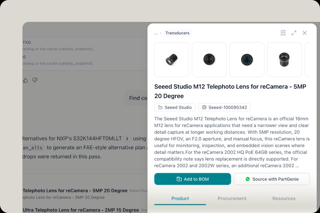 Product drawer for Seeed Studio M12 Telephoto Lens with Add to BOM and Source with PartGenie actions