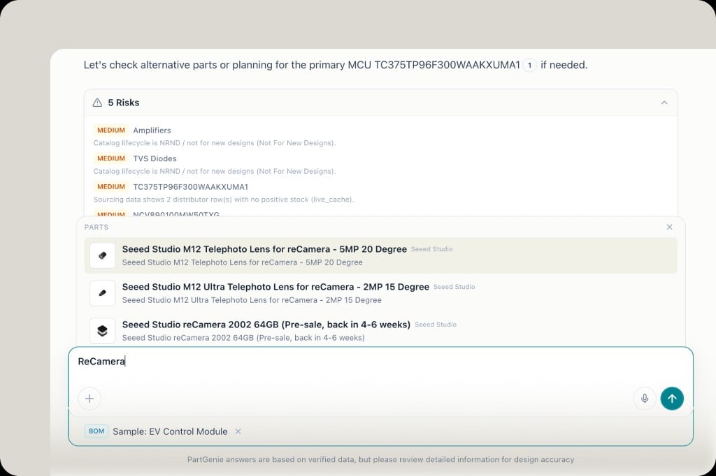 Search results for ReCamera showing Seeed Studio modules and lenses in PartGenie PARTS suggestions