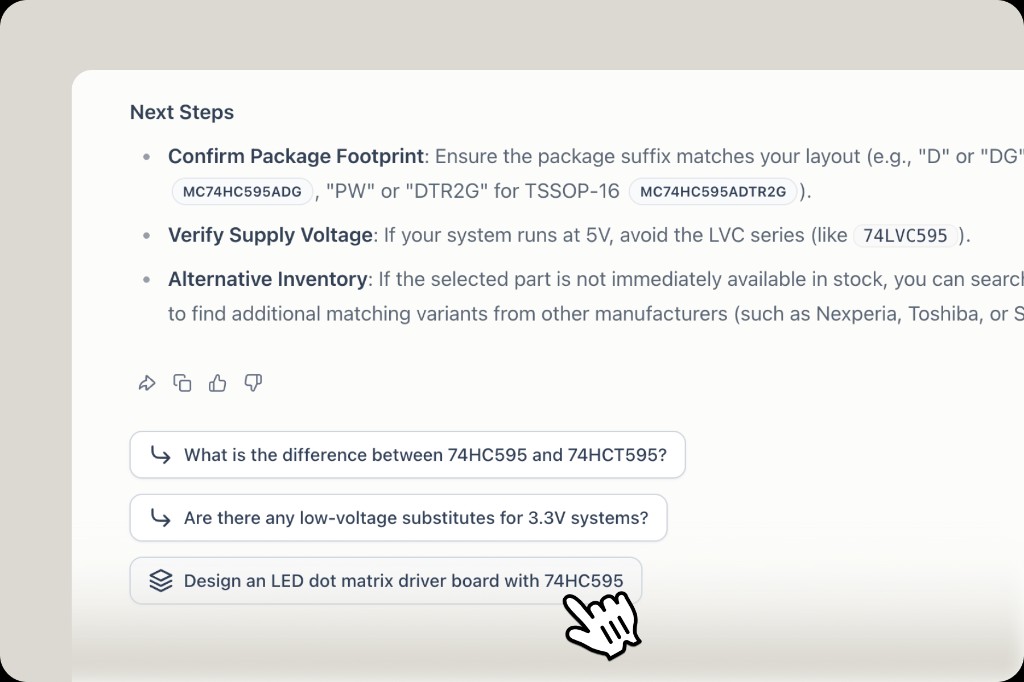 AI chat follow-up suggestions including a one-click option to design an LED dot matrix driver board with 74HC595