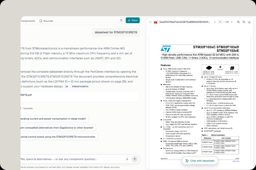 規格書 PDF 在搜索回答旁打開，閱讀器底部有 Chat with datasheet