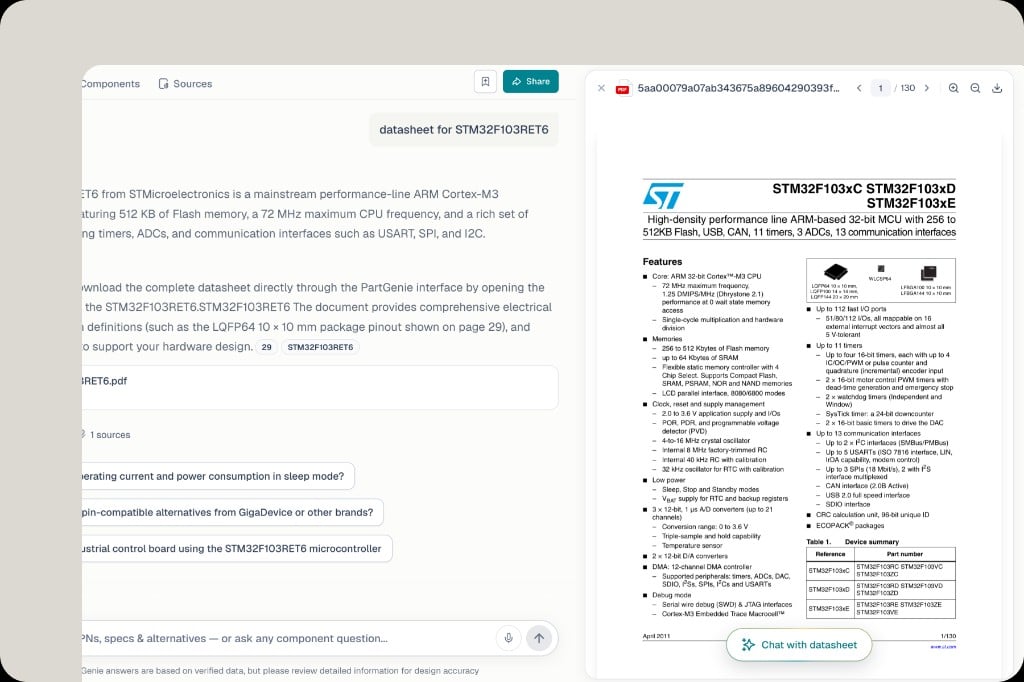 規格書 PDF 在搜索回答旁打開,閱讀器底部有 Chat with datasheet