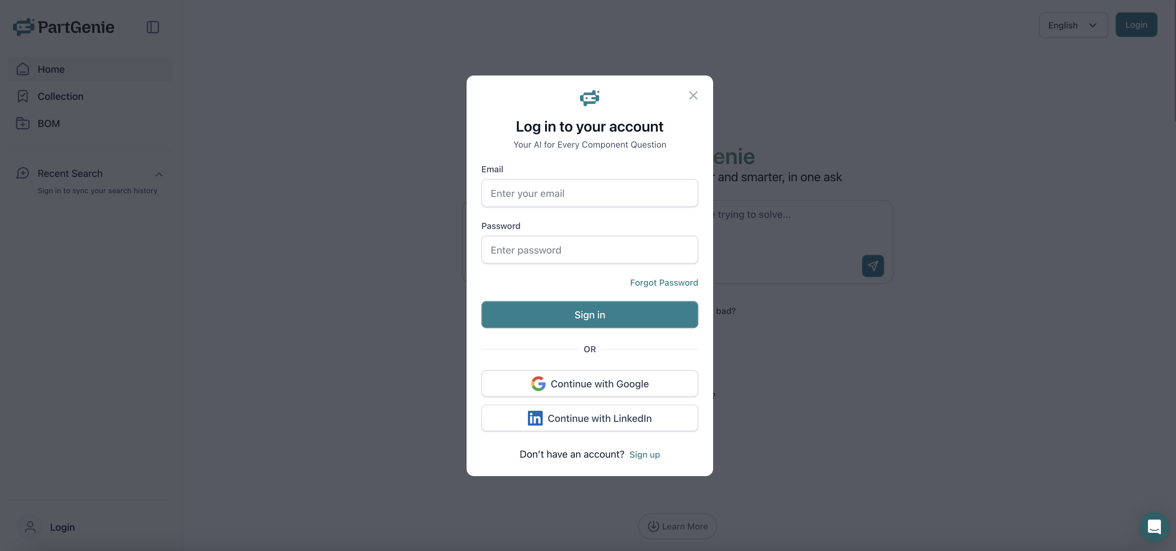 PartGenie Login Interface