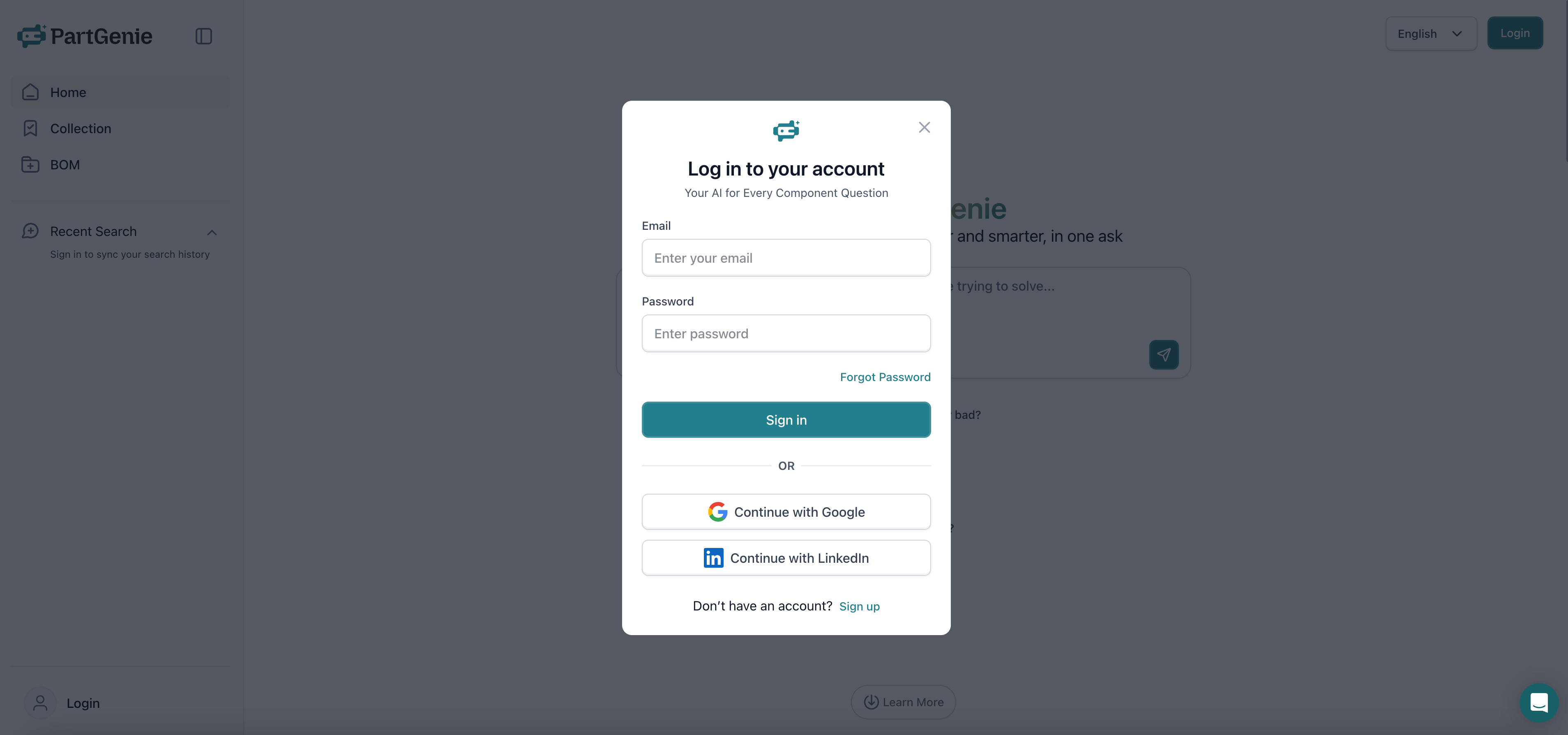 PartGenie Login Interface