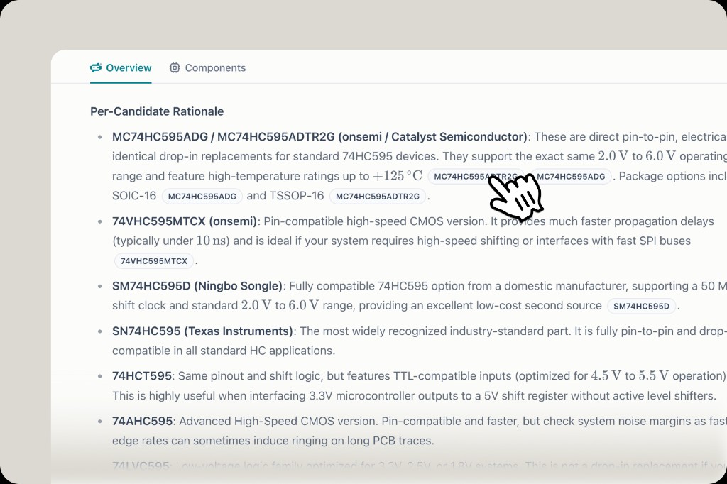 AI search response listing alternative MPNs as inline clickable badges for quick component drawer access