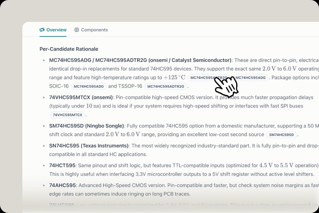 AI search response listing alternative MPNs as inline clickable badges for quick component drawer access