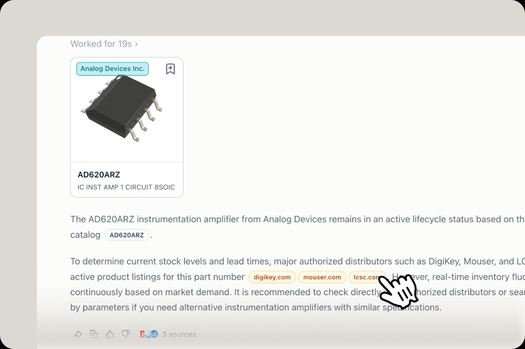 AI search response with distributor links to digikey.com, mouser.com and lcsc.com shown as source badges