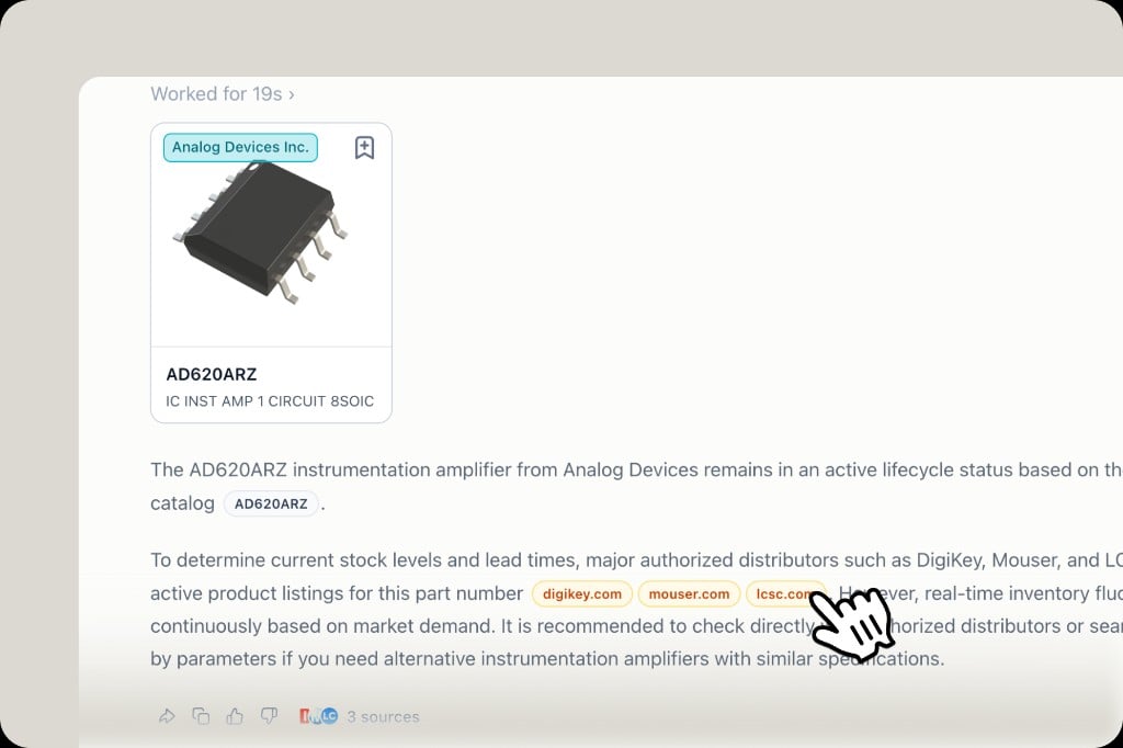 AI search response with distributor links to digikey.com, mouser.com and lcsc.com shown as source badges