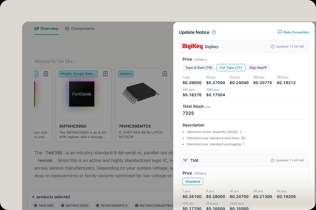 Component detail and BOM with live DigiKey and TME pricing, stock and MOQ