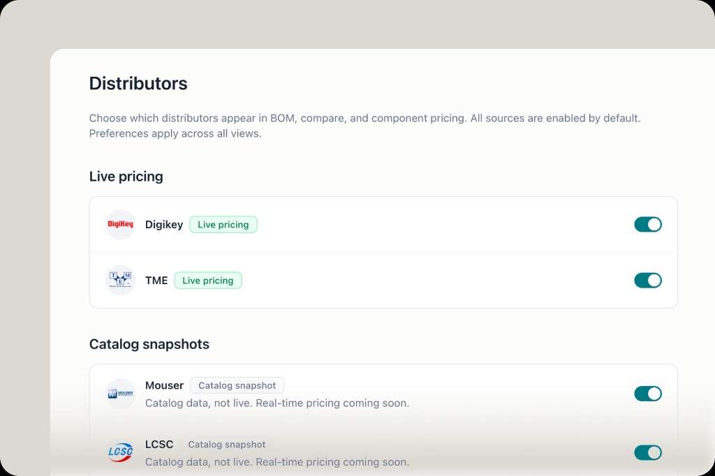 Sourcing settings showing DigiKey and TME as live pricing sources and Mouser, LCSC as catalog snapshots