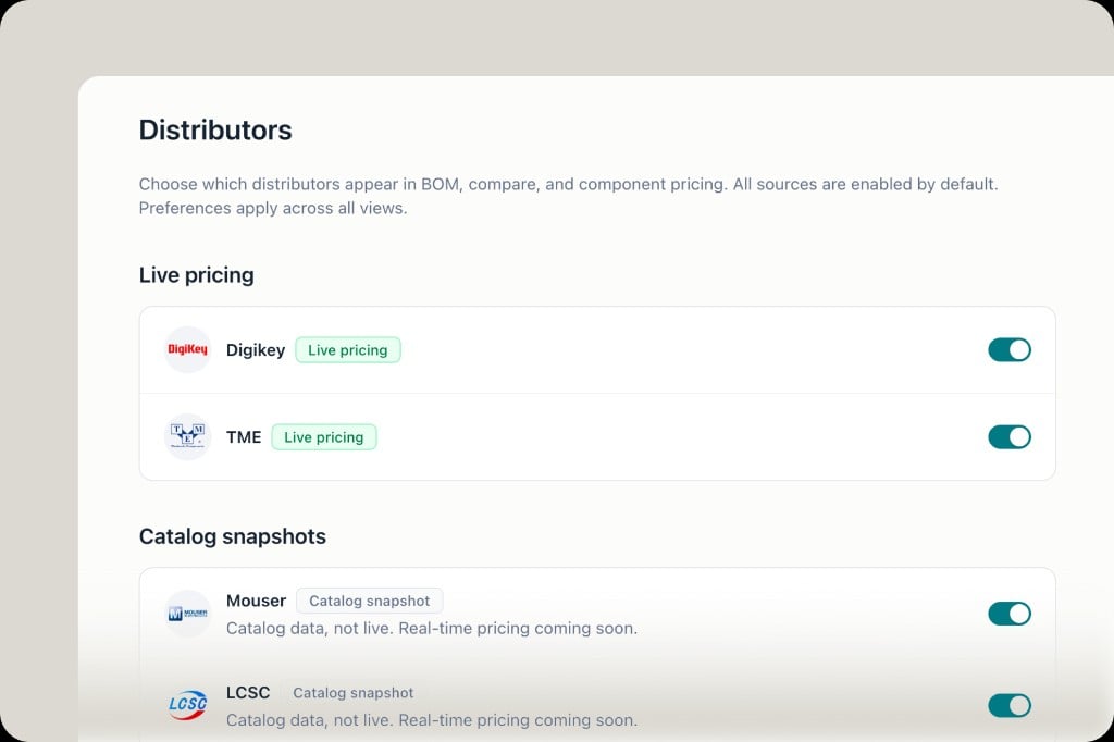 Sourcing settings showing DigiKey and TME as live pricing sources and Mouser, LCSC as catalog snapshots