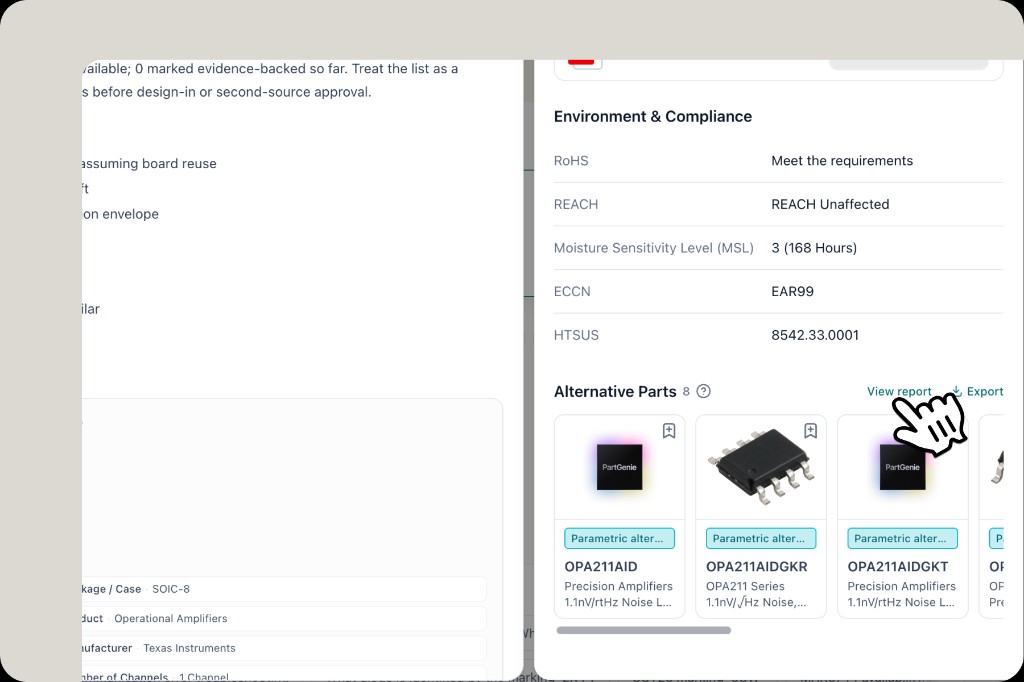 Component Alternative Parts section with View report and Export actions