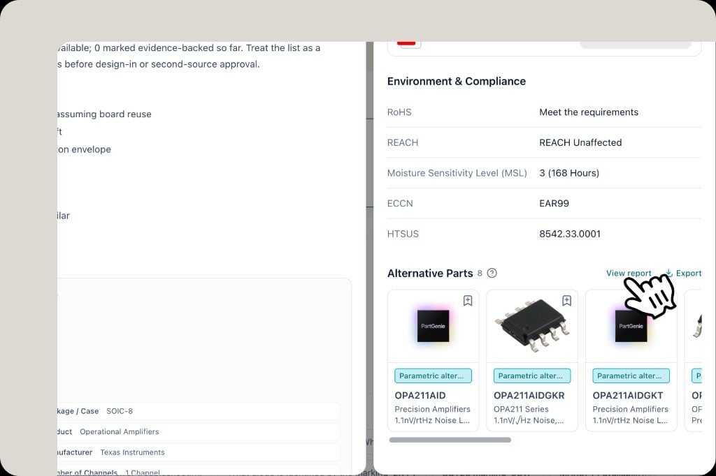 Component Alternative Parts section with View report and Export actions