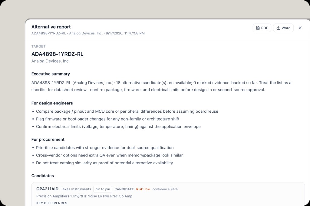 Alternative report modal with executive summary, design and procurement guidance, candidates, and PDF/Word export