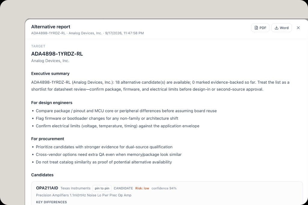 Alternative report modal with executive summary, design and procurement guidance, candidates, and PDF/Word export