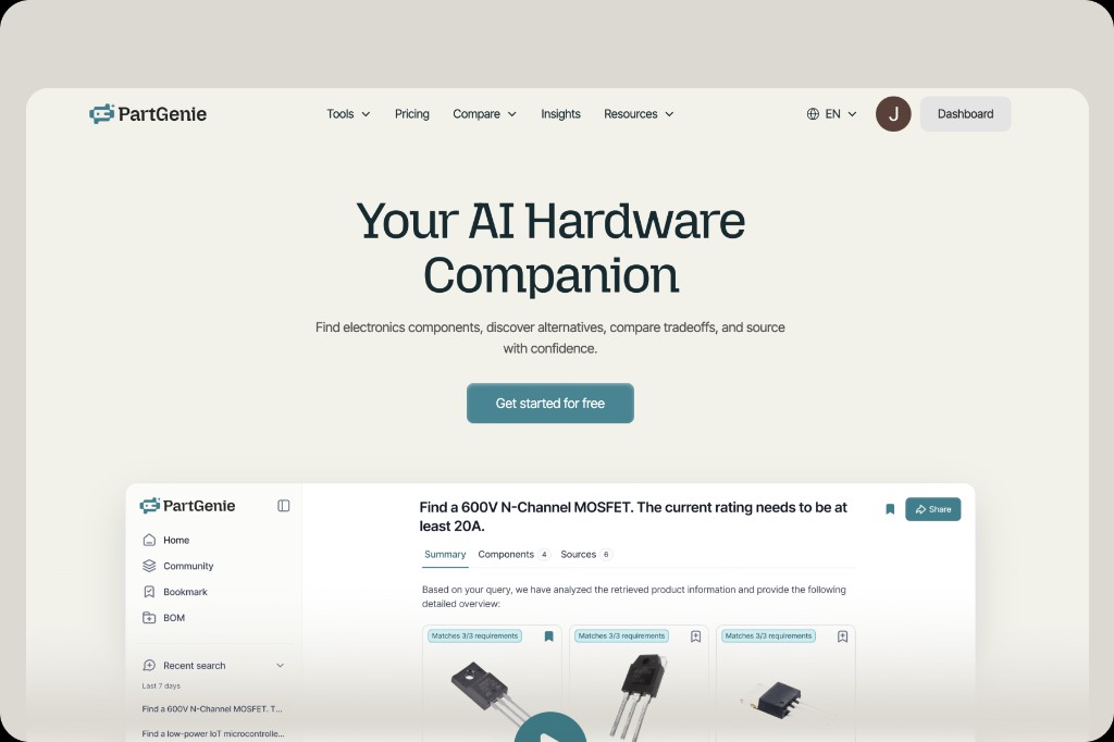 Redesigned PartGenie homepage with Your AI Hardware Companion and navigation including Insights