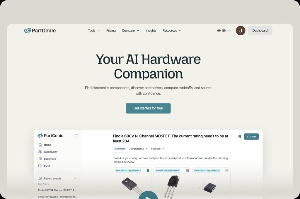 Redesigned PartGenie homepage with Your AI Hardware Companion and navigation including Insights