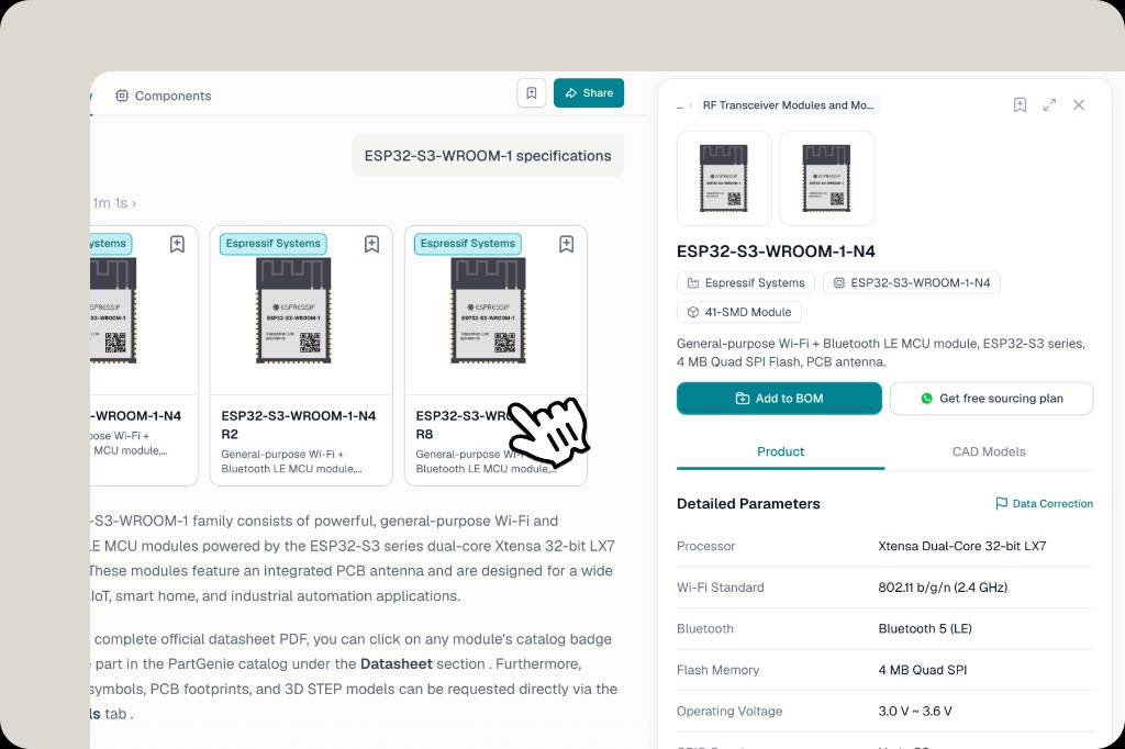 Search 回答中的 ESP32-S3-WROOM-1 器件卡片，右側打開 ESP32-S3-WROOM-1-N4 詳情