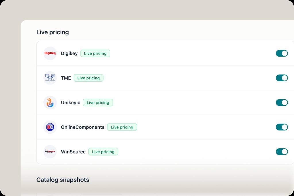 Distributor settings showing DigiKey, TME, Unikeyic, OnlineComponents and WinSource all with live pricing enabled