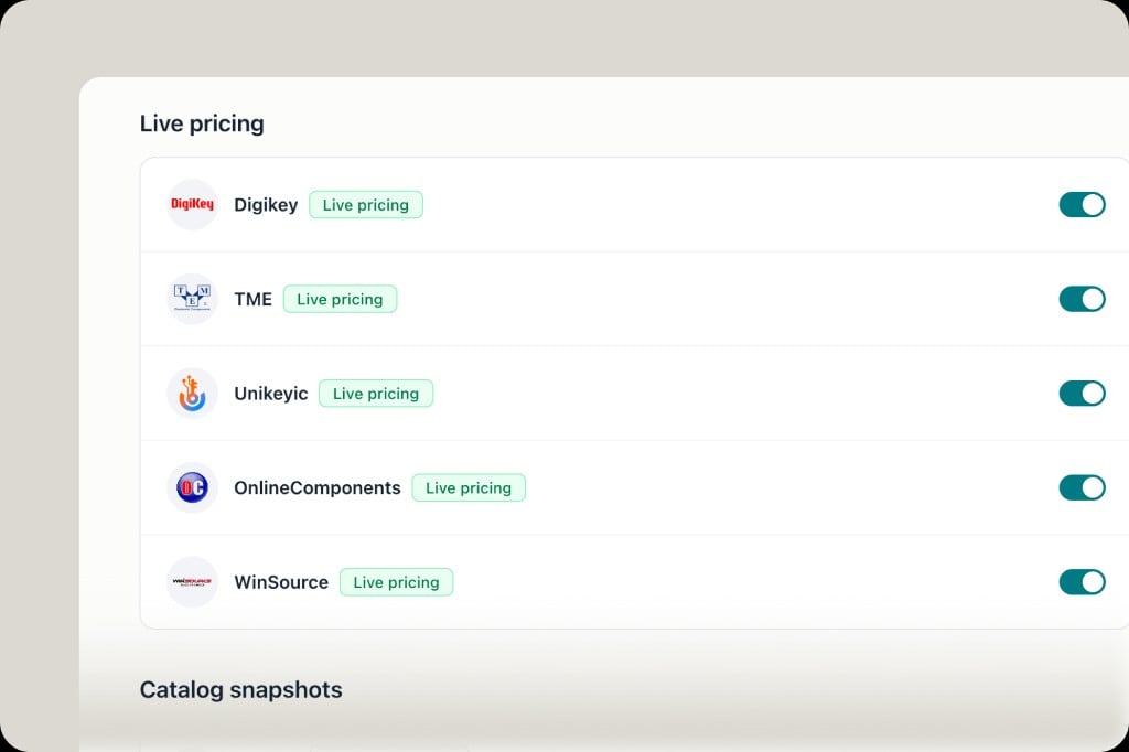 Distributor settings showing DigiKey, TME, Unikeyic, OnlineComponents and WinSource all with live pricing enabled