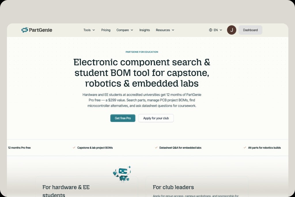 PartGenie for Education — 12 months Pro free for hardware and EE students