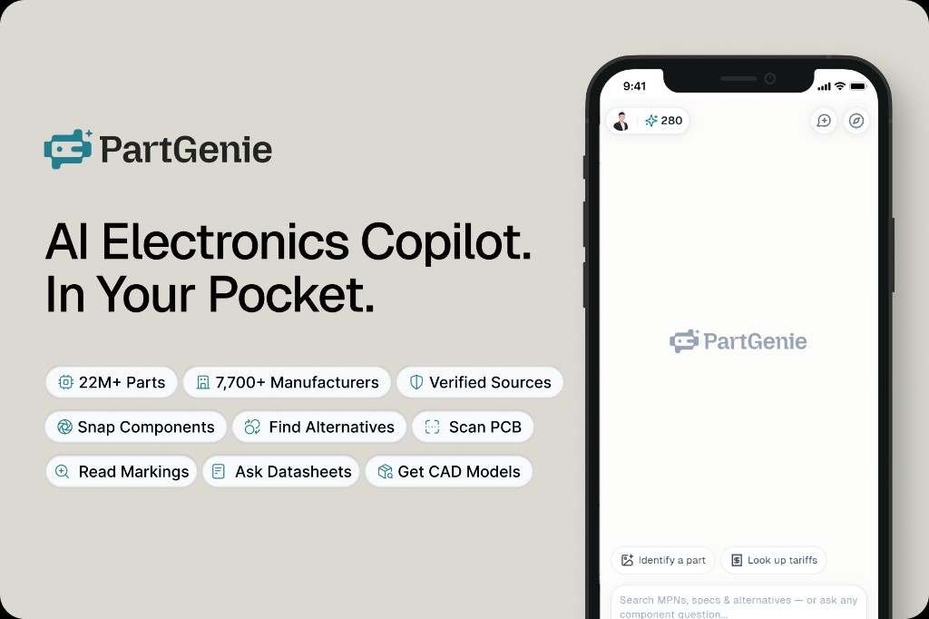 PartGenie Android app promo: AI Electronics Copilot in your pocket, with features like snap components, scan PCB, find alternatives