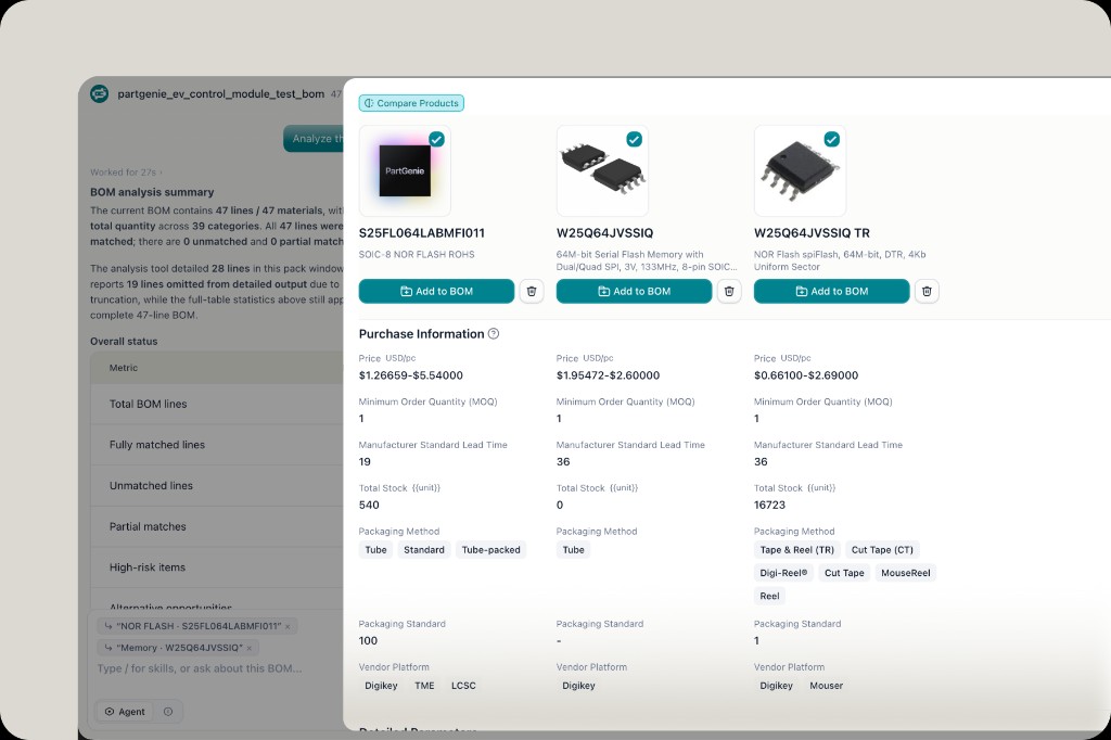 Compare Products panel showing pricing, stock, MOQ, lead time and vendor platforms for multiple MPNs