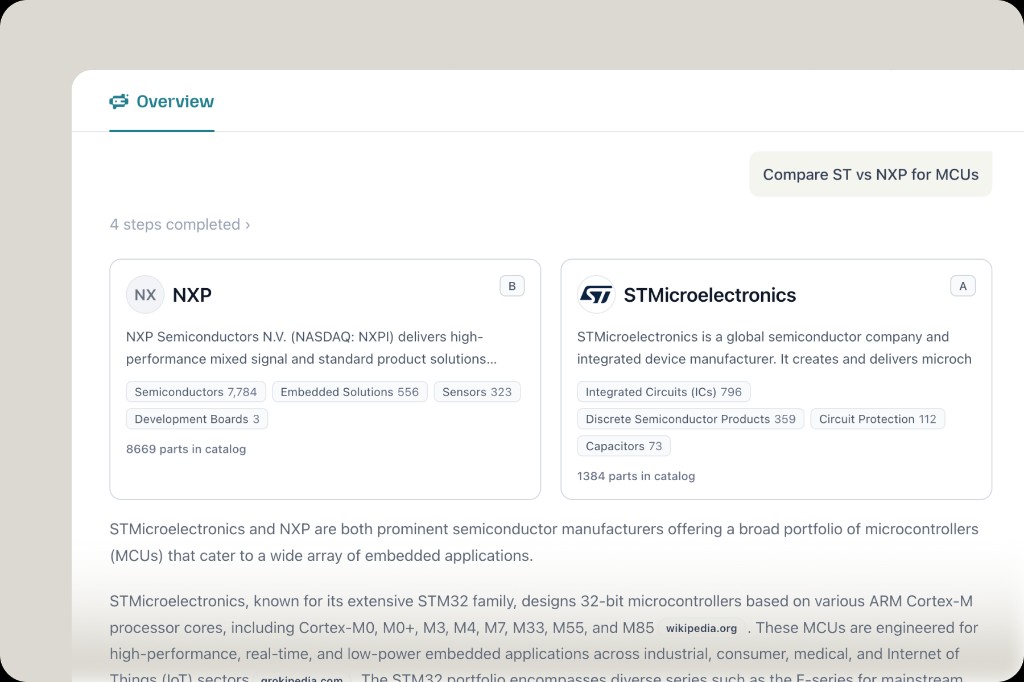 Vendor comparison: NXP vs STMicroelectronics MCU profiles, catalog stats, and AI analysis