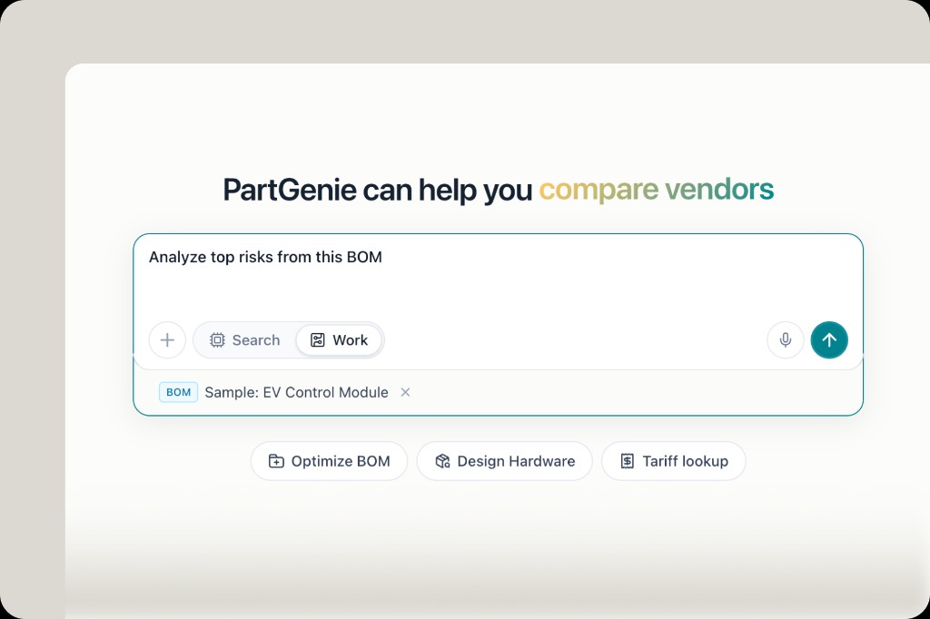 Homepage with Work mode selected, BOM attached, and prompt to analyze top risks