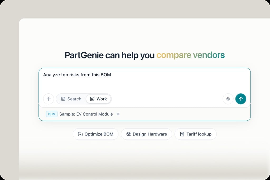 Homepage with Work mode selected, BOM attached, and prompt to analyze top risks