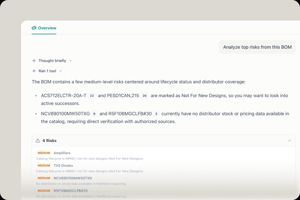 Work chat analyzing BOM risks including NRND lifecycle and missing distributor stock