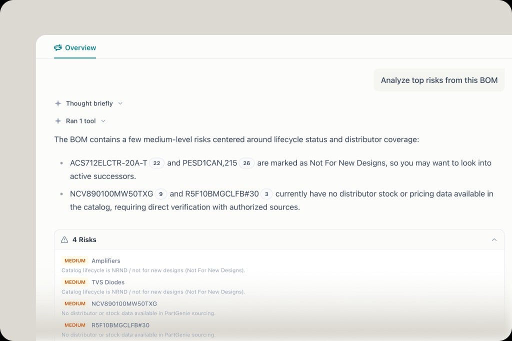 Work chat analyzing BOM risks including NRND lifecycle and missing distributor stock