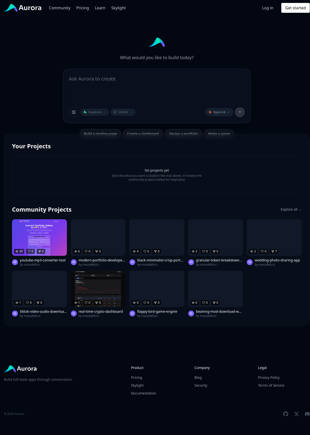 Aurora dashboard with the main prompt input, project area, and community projects