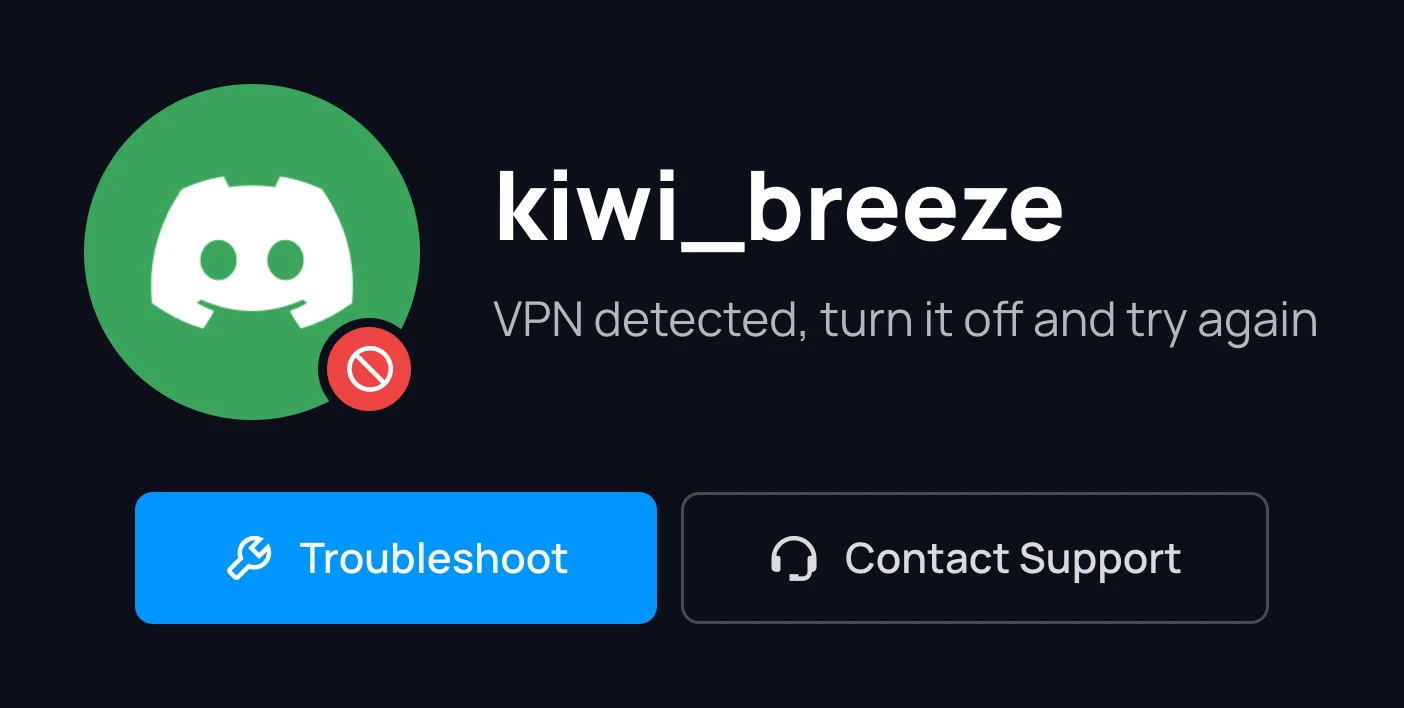 The verification page showing a VPN detected error with Troubleshoot and Contact Support buttons