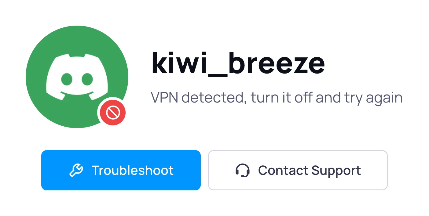 The verification page showing a VPN detected error with Troubleshoot and Contact Support buttons