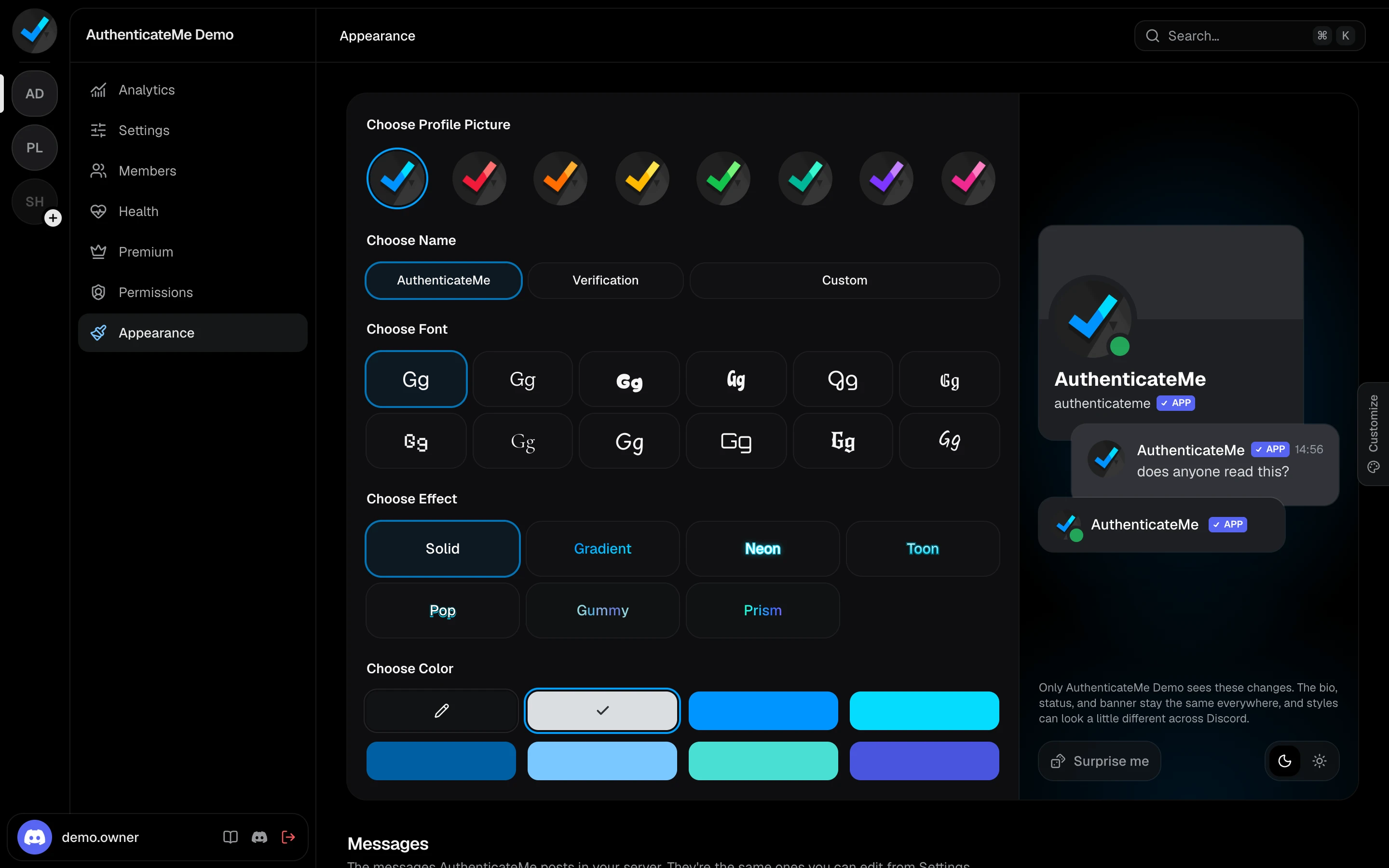 The Appearance page with the profile editor and a live preview