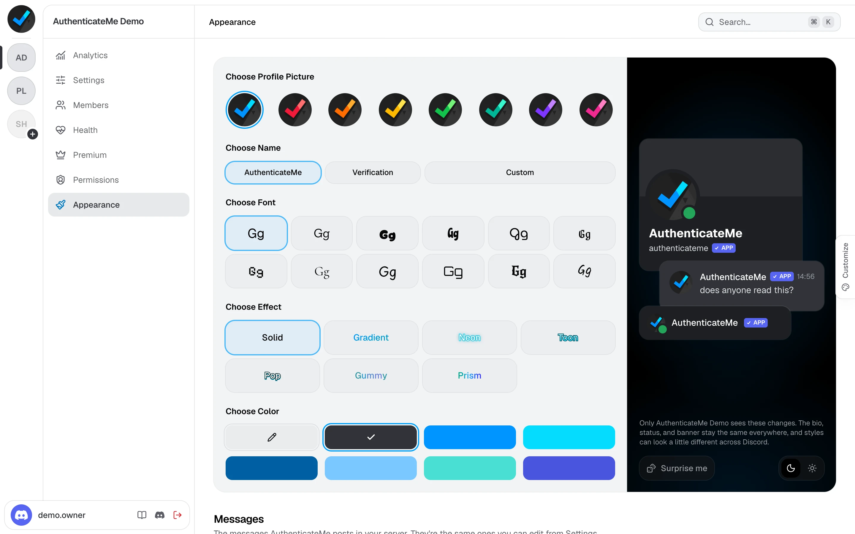 The Appearance page with the profile editor and a live preview