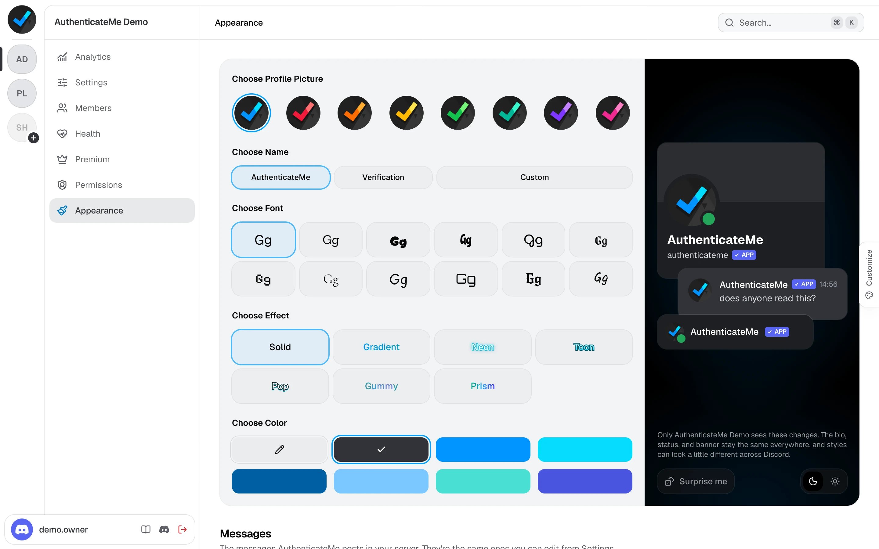 The Appearance page with the profile editor and a live preview
