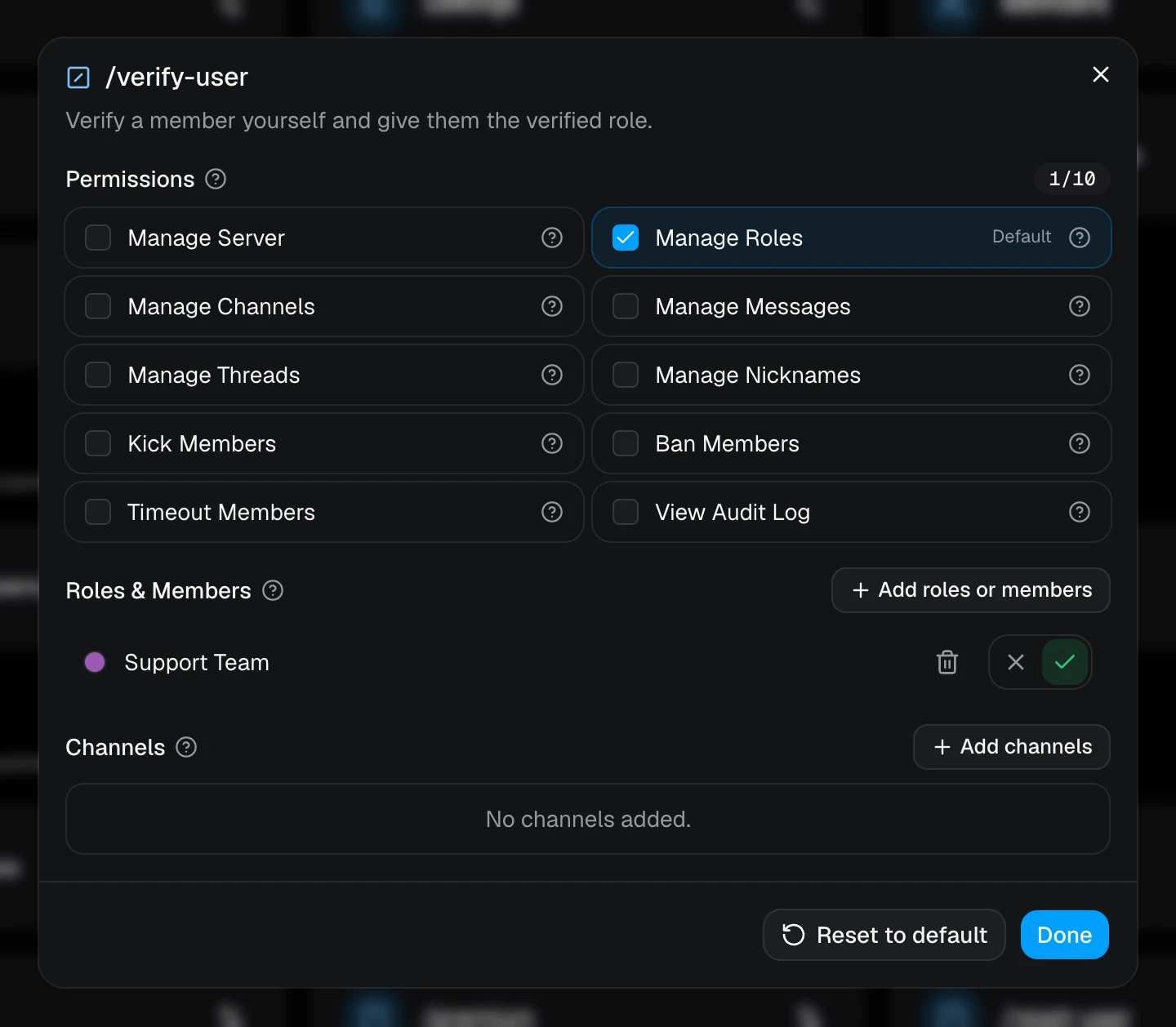 The access window for the /verify-user command, with the Support Team role allowed