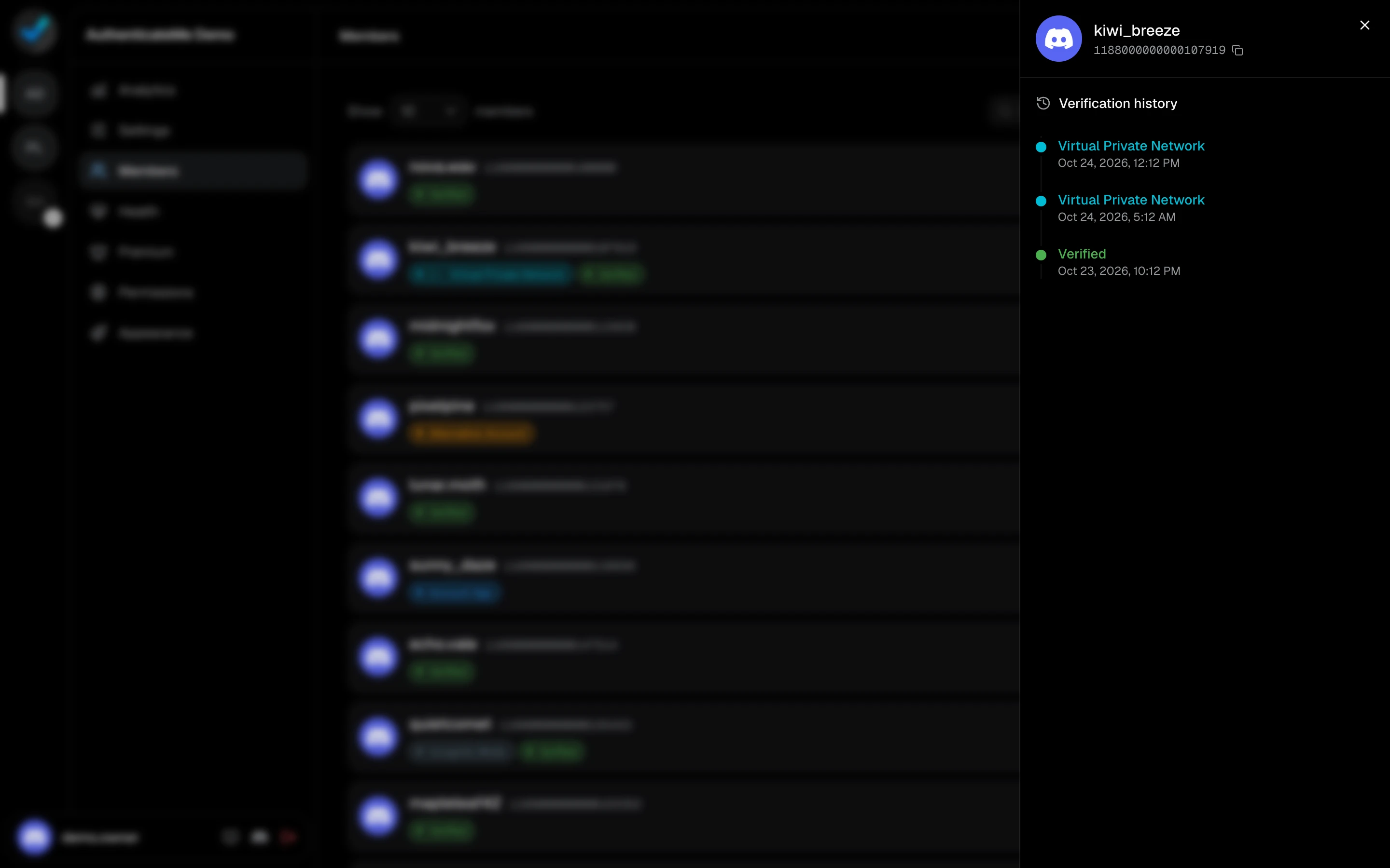 A member's verification history, with two VPN detections followed by a successful verification