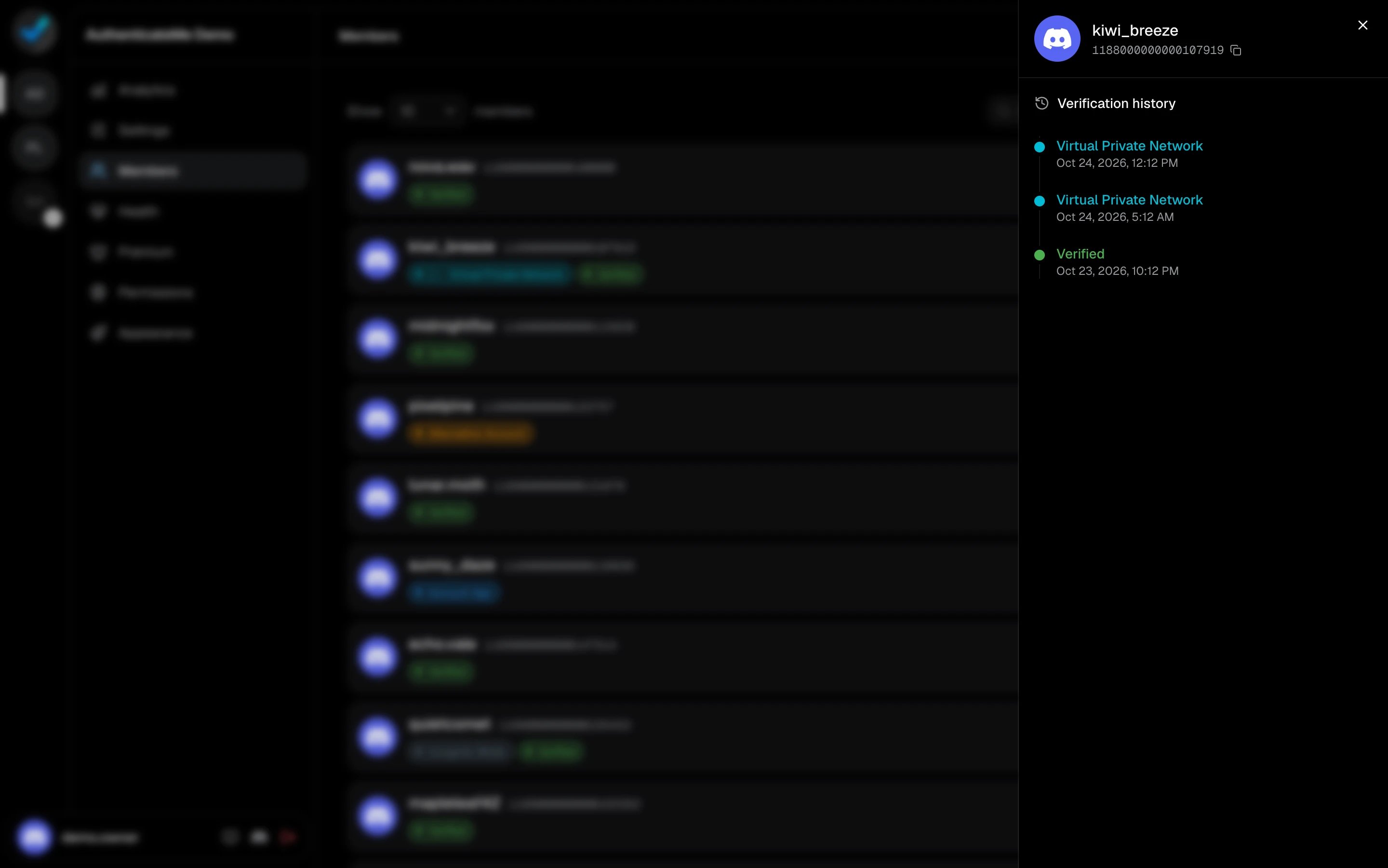 A member's verification history, with two VPN detections followed by a successful verification