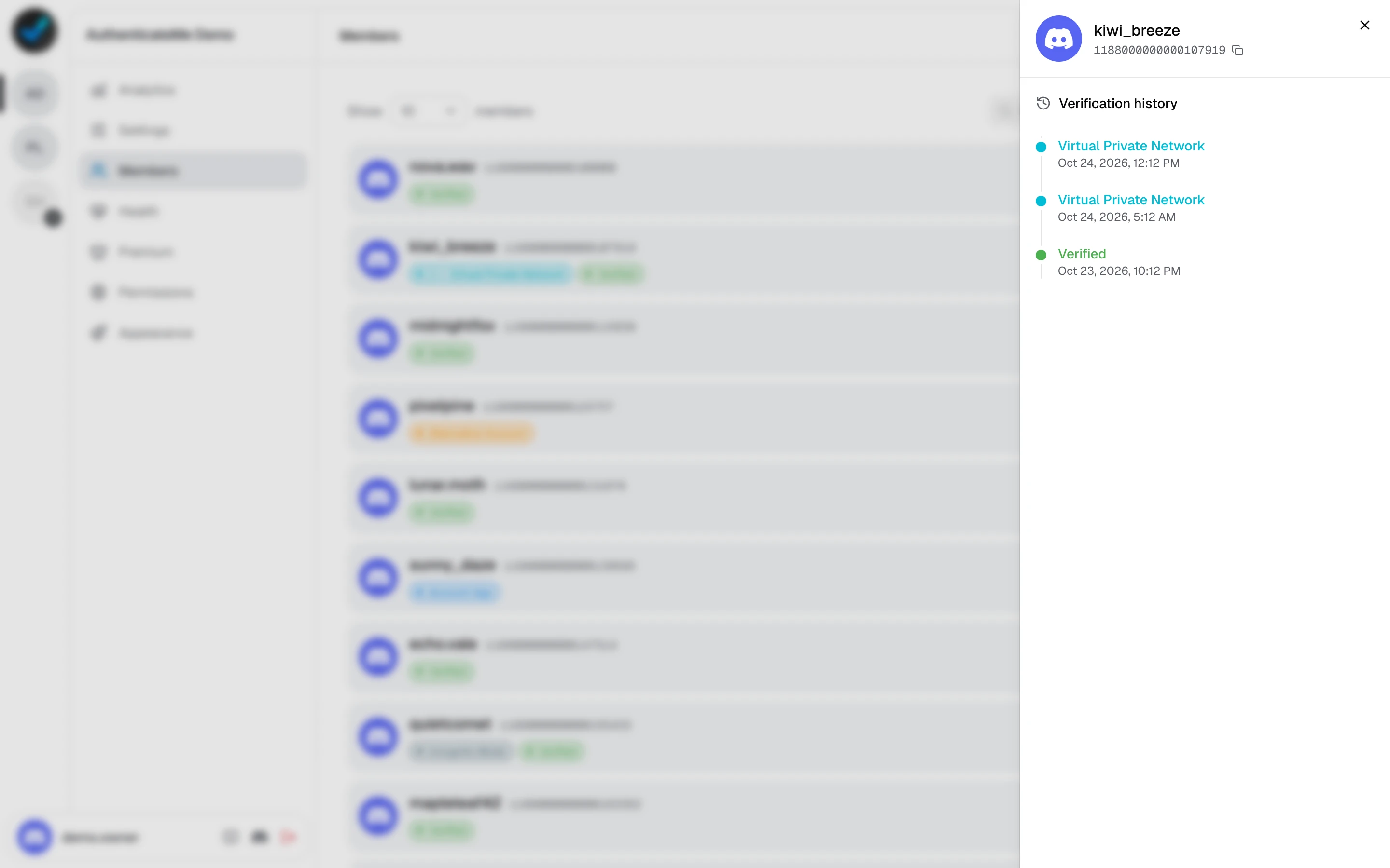 A member's verification history, with two VPN detections followed by a successful verification