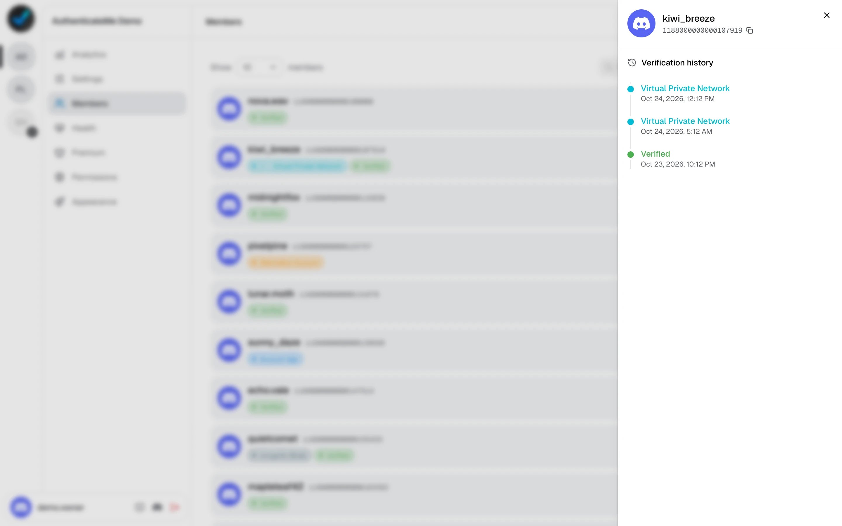 A member's verification history, with two VPN detections followed by a successful verification
