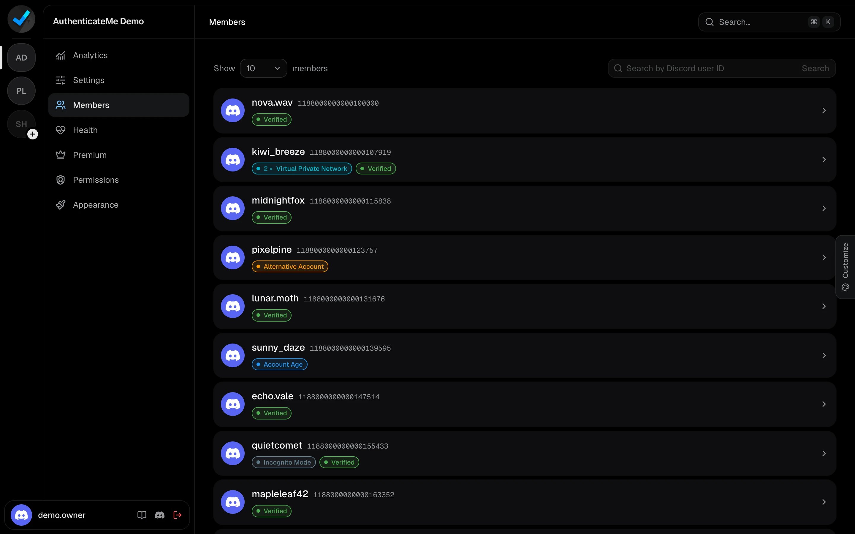 The Members page listing members with their verification results