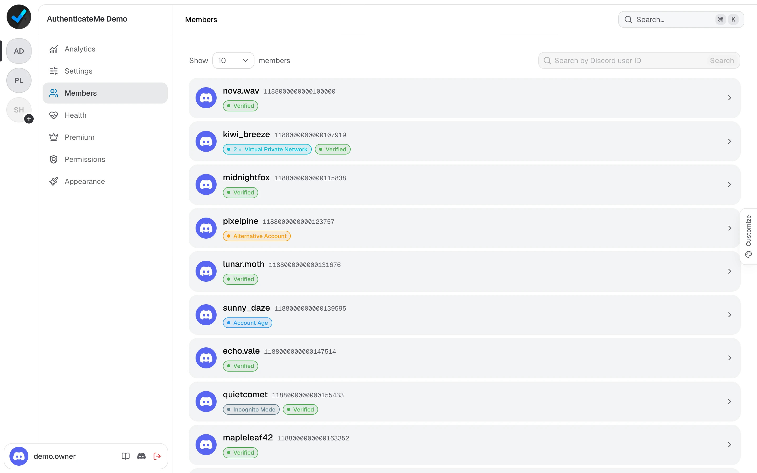 The Members page listing members with their verification results
